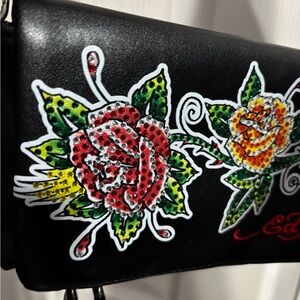 Ed Hardy Black Clutch with Red and Yellow Floral Design